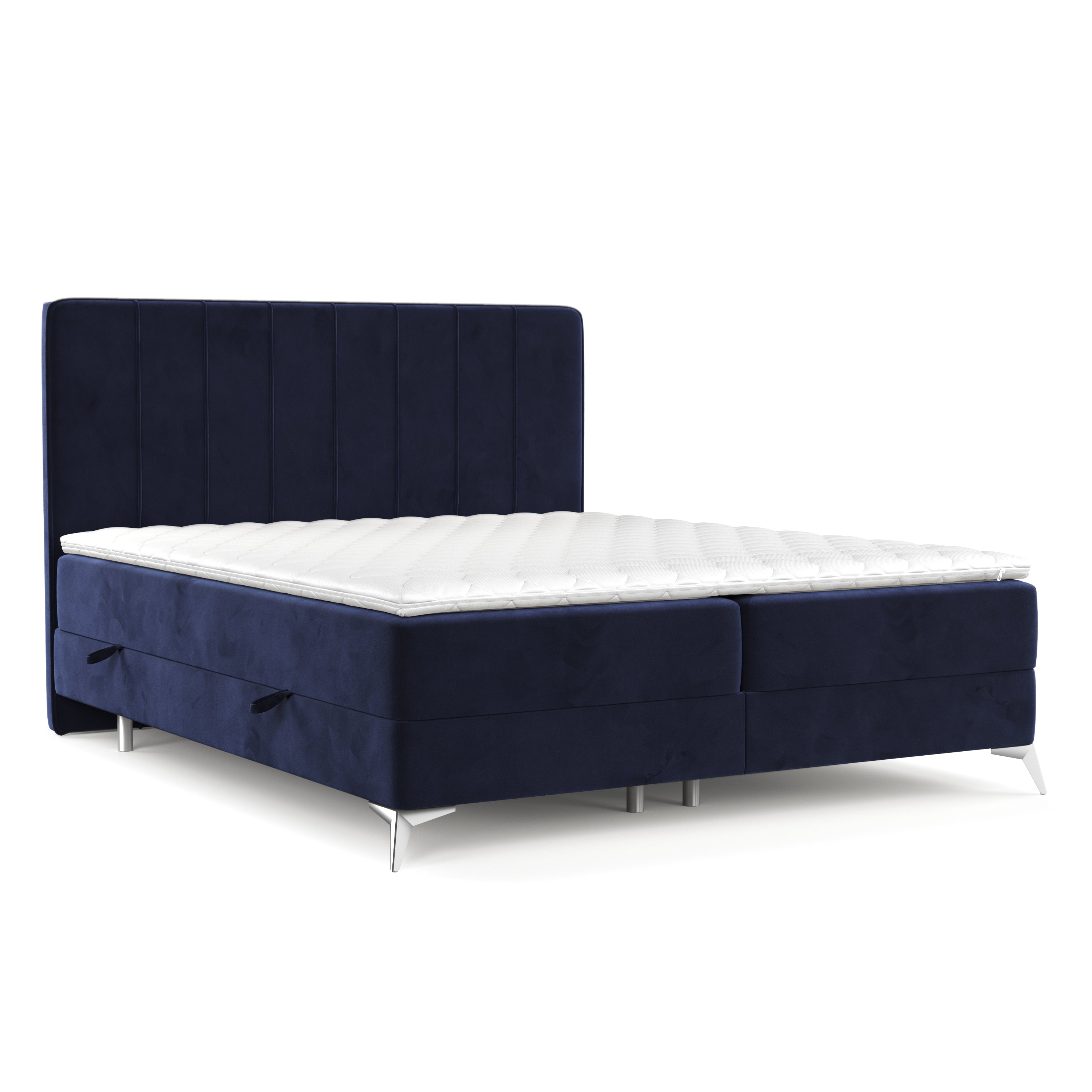 Pat rabatabil cu lada de depozitare, tapitat cu stofa, Aggaz Boxspring Velvet Bleumarin