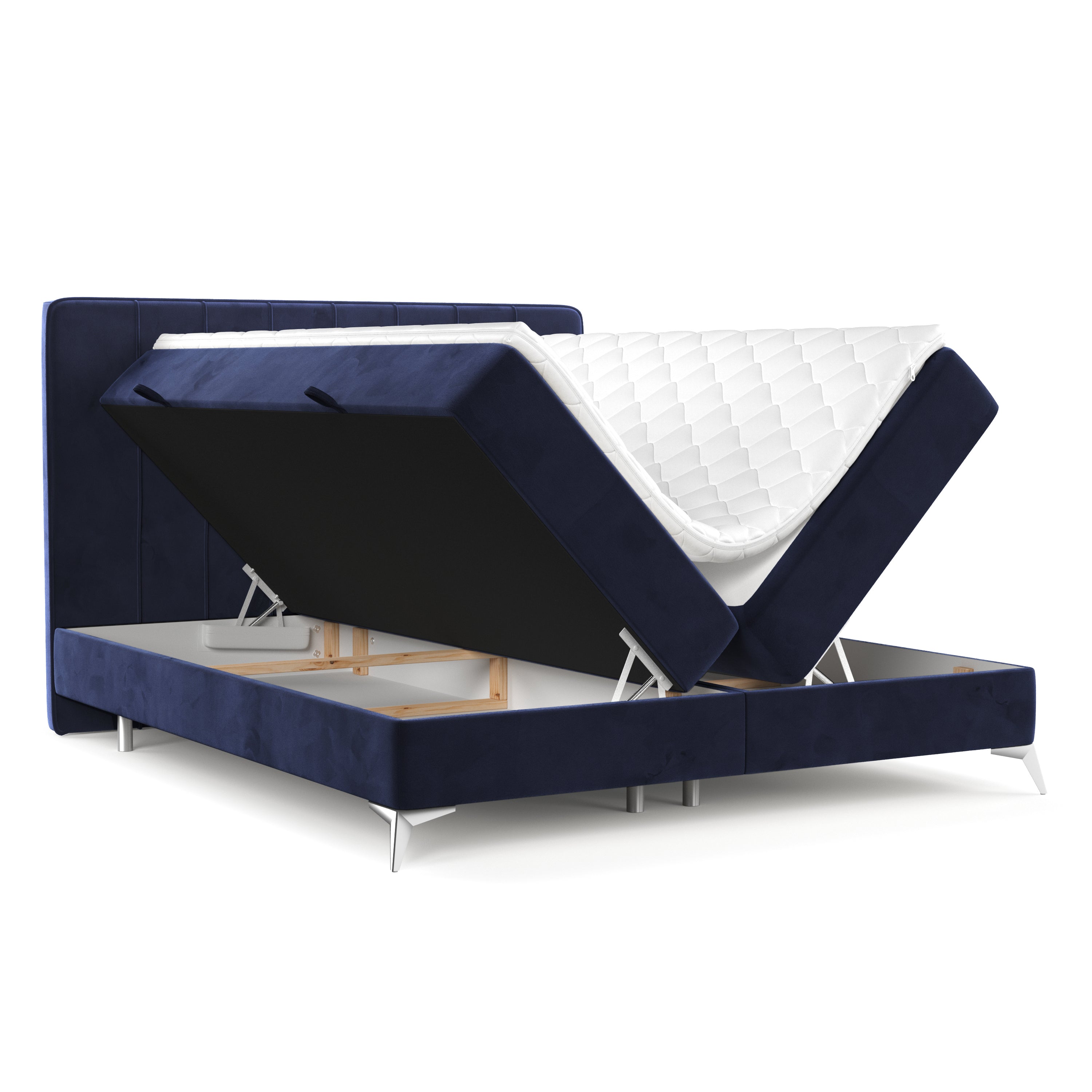 Pat rabatabil cu lada de depozitare, tapitat cu stofa, Aggaz Boxspring Velvet Bleumarin (1)