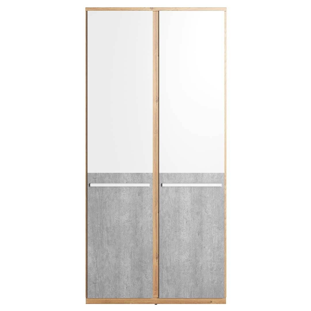 Armoire en bois clair avec 2 portes, pour enfants et jeunes, Plano 02, Chêne/Gris/Blanc, L90xW51xH191 cm