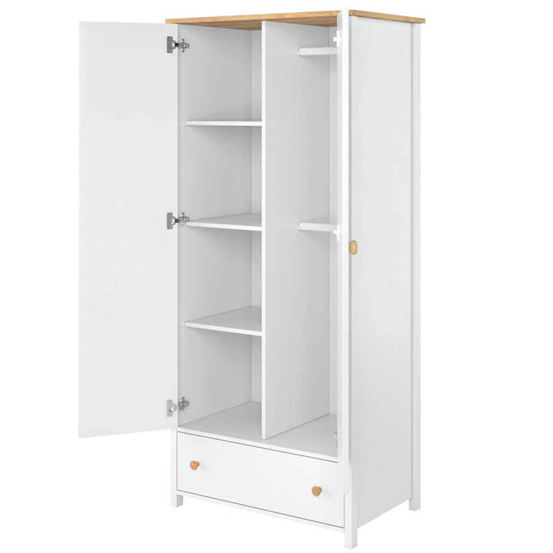 Armoire en bois clair, avec 2 portes et 1 tiroir pour enfants et adolescents, Story 12, Blanc/Chêne, L85xl52xH186 cm