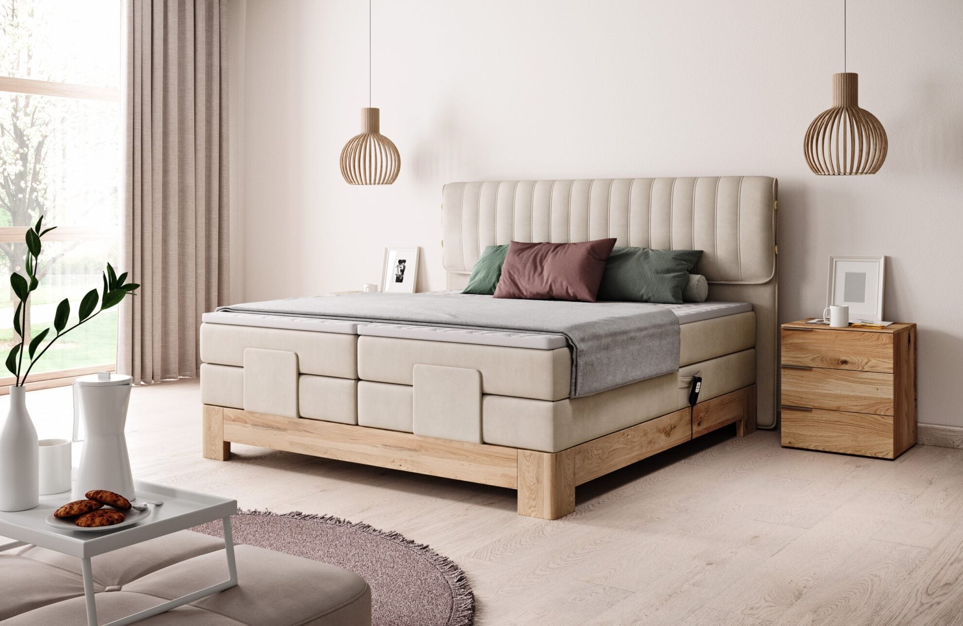 Pat cu reglaj electric, tapitat, Elsales Boxspring Wood