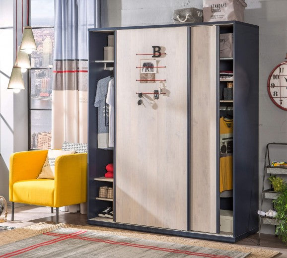 Armoire à palettes avec 2 portes coulissantes pour les jeunes, garçons 12-24 ans, Trio Natur / Bleu foncé, l163xA58xH203 cm