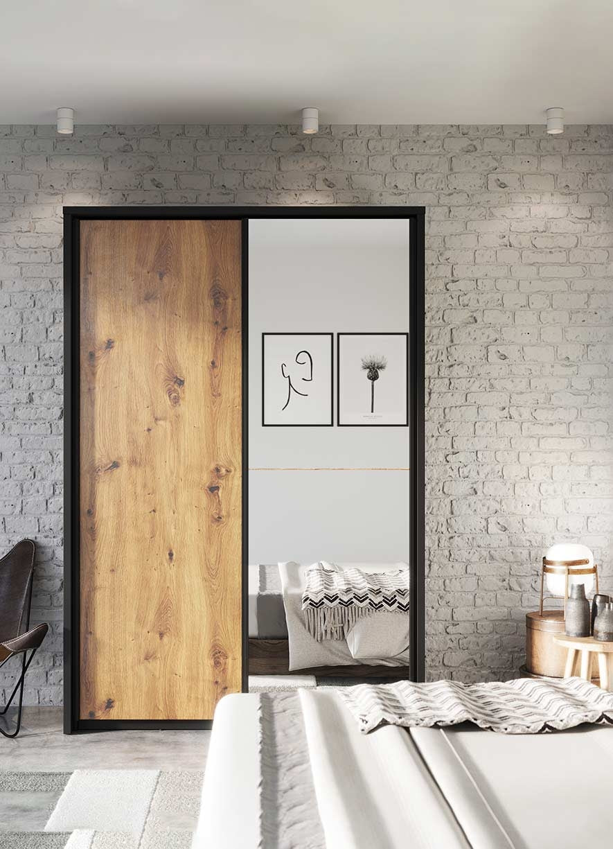 Armoire en bois clair, avec 2 portes coulissantes et miroir Arti 21, Chêne Artisan / Noir, L160xW57xH218 cm