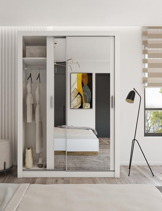 Armoire en bois clair avec 2 portes coulissantes et miroir Idea 17, Blanc mat, L150xP60xH215 cm