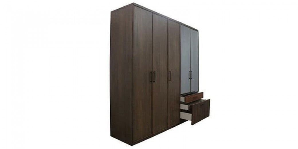 Armoire à palettes avec 5 portes, 3 tiroirs et miroir Matilda Walnut, l223,3xA59,9xH220,6 cm